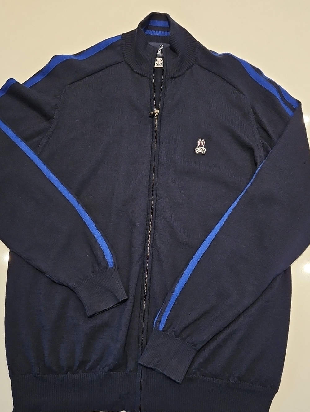 Psycho Bunny Navy Zip-Up 100% Merino Wool Sweater w/ Royal Blue Stripes - Mens L